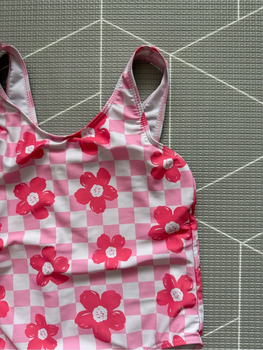 Small shop|Big girl swimsuit,Pink Floral Checkerboard One-Piece Swimsuit,boho•7 - Picture 4 of 7